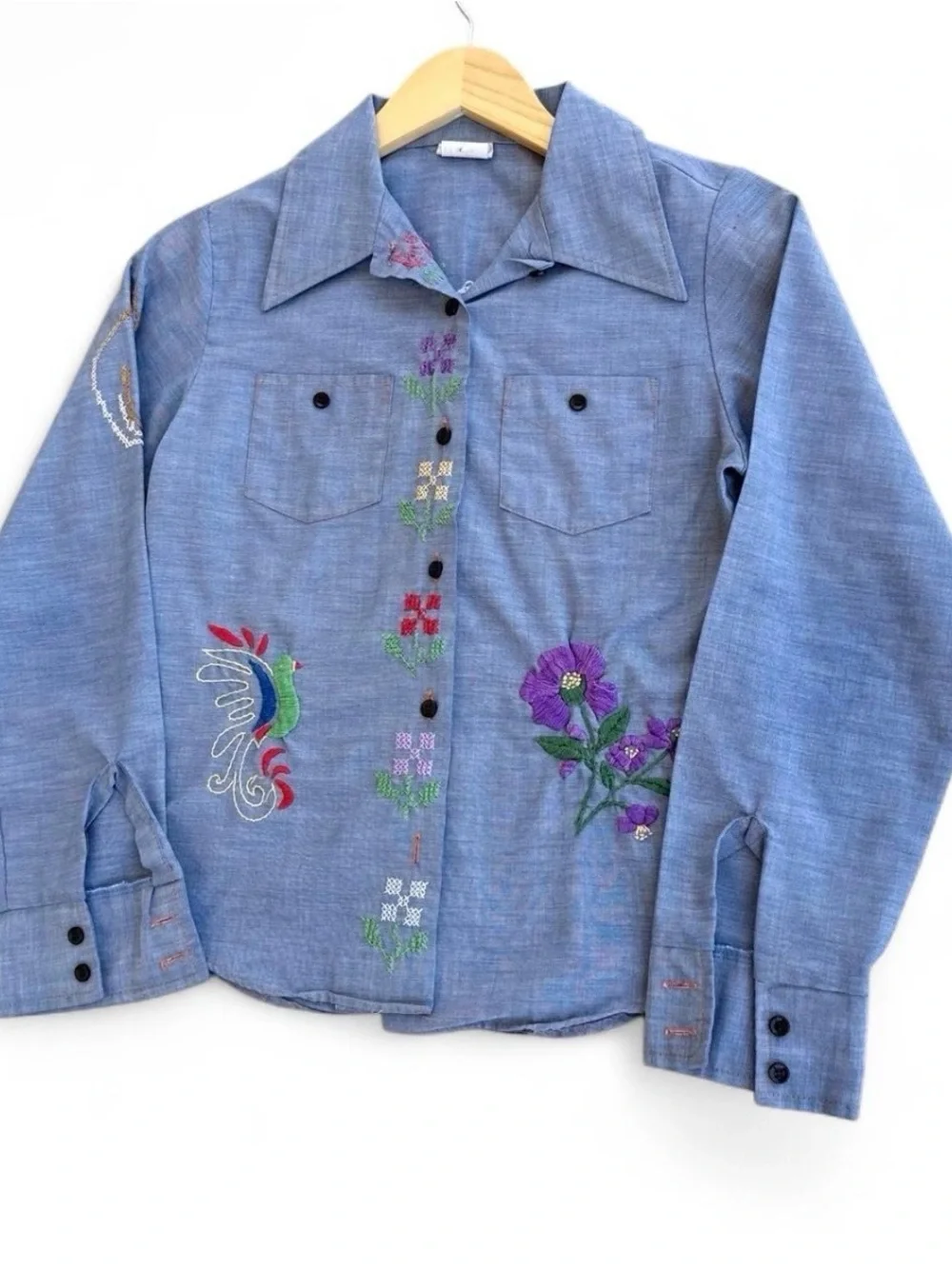 Vintage 70s Blue Chambray Floral Embroidered Western Shirt